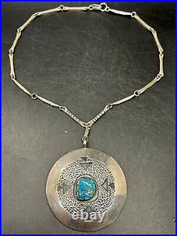 RARE Navajo Carl Luthy Shop Large Sterling & Gem Blue Turquoise Pendant Necklace