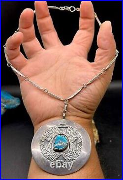 RARE Navajo Carl Luthy Shop Large Sterling & Gem Blue Turquoise Pendant Necklace