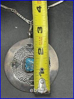 RARE Navajo Carl Luthy Shop Large Sterling & Gem Blue Turquoise Pendant Necklace