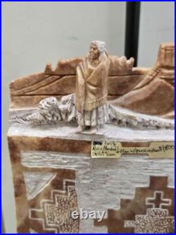 RARE Navajo Carved Alabaster / Soap Stone Fetish Woman Scene Base Signed