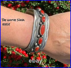 RARE Navajo Chimney Butte Genuine Sterling Silver & Coral Cuff Bracelet BR58