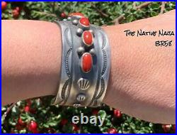 RARE Navajo Chimney Butte Genuine Sterling Silver & Coral Cuff Bracelet BR58