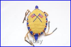 RARE, OLD NATIVE AMERICAN BEADED LEATHER FETISH American Flags AMULET Turtle ATQ