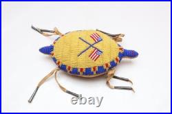 RARE, OLD NATIVE AMERICAN BEADED LEATHER FETISH American Flags AMULET Turtle ATQ
