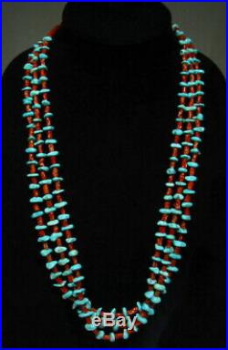 RARE OLD PAWN SIGNED Zuni 3 Strand Sleeping Beauty Turquoise Coral Necklace 28