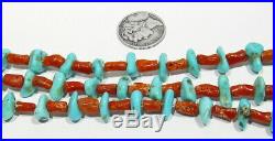 RARE OLD PAWN SIGNED Zuni 3 Strand Sleeping Beauty Turquoise Coral Necklace 28