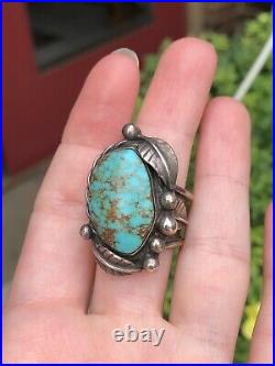 RARE OLD Pawn 30s 40s Vintage Heavy Gauge Sterling Silver TURQUOISE RING size 8