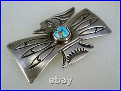 RARE OLD Wolf Robe Hunt ACOMA INDIAN STERLING SILVER & TURQUOISE THUNDERBIRD PIN
