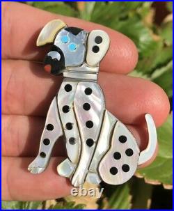 RARE Old Pawn Zuni Dalmatian Dog COBBLESTONE Inlay Pin Brooch Pendant Carol Kee