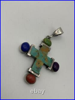 RARE Pawn Native American Sterling Silver Turquoise Coral Sugilite Lapis Cross