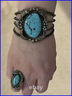 RARE SET Vintage Navajo Sterling Silver & Turquoise Cuff Bracelet And Ring