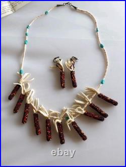 RARE SPIRIT CORN Native American Necklace & earring Beadwork on Buckskin Navajo