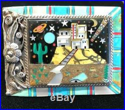 RARE Signed SALLY YAZZIE Navajo Detail Turquoise Art Inlay Sterling Belt Buckle