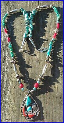 RARE Sterling Silver Pendant Turquoise, Red Coral Bench Bead Necklace AC