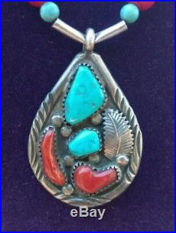 RARE Sterling Silver Pendant Turquoise, Red Coral Bench Bead Necklace AC