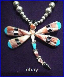 RARE Sterling Silver ZUNI Spiney Oyster Turquiose Dragonfly Necklace Sgn Ahiyite