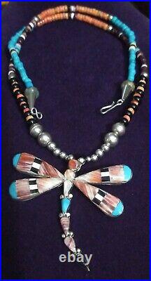 RARE Sterling Silver ZUNI Spiney Oyster Turquiose Dragonfly Necklace Sgn Ahiyite