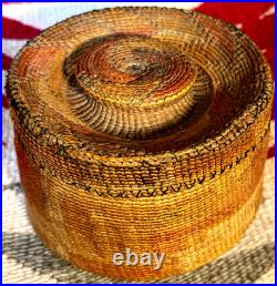RARE TLINGIT KNOB TOP-RATTLE BASKET, Spruce Root, MaidenHair Fern, Dyed BearGrass