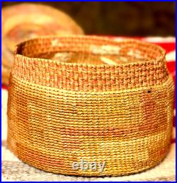 RARE TLINGIT KNOB TOP-RATTLE BASKET, Spruce Root, MaidenHair Fern, Dyed BearGrass