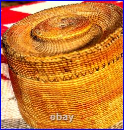 RARE TLINGIT KNOB TOP-RATTLE BASKET, Spruce Root, MaidenHair Fern, Dyed BearGrass