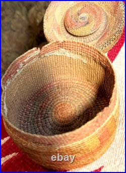 RARE TLINGIT KNOB TOP-RATTLE BASKET, Spruce Root, MaidenHair Fern, Dyed BearGrass