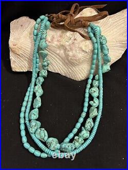 RARE Turquoise 3 Strands NECKLACE Native American on Leather Kingman 22