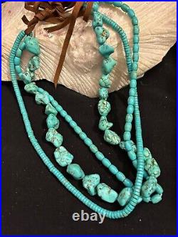 RARE Turquoise 3 Strands NECKLACE Native American on Leather Kingman 22