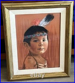 RARE VINTAGE NATIVE AMERICAN INDIAN CHILD PASTEL PAINTING By DORIS JONES