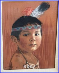 RARE VINTAGE NATIVE AMERICAN INDIAN CHILD PASTEL PAINTING By DORIS JONES