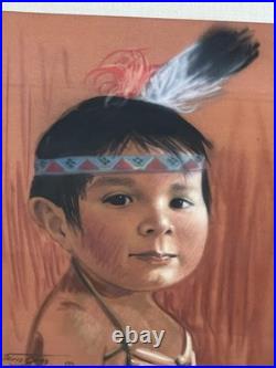 RARE VINTAGE NATIVE AMERICAN INDIAN CHILD PASTEL PAINTING By DORIS JONES