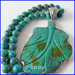 RARE VINTAGE Turquoise Bead Necklace with Carved Turquoise Leaf Pendent