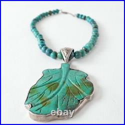 RARE VINTAGE Turquoise Bead Necklace with Carved Turquoise Leaf Pendent