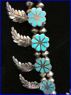 RARE Vintage 1960's Zuni Silver Inlay Turquoise Squash Blossom Necklace FLOWERS
