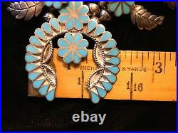 RARE Vintage 1960's Zuni Silver Inlay Turquoise Squash Blossom Necklace FLOWERS