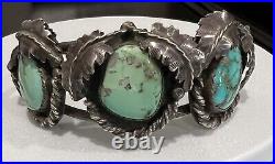 RARE Vintage Estate Navajo Turquoise Sterling Rope & Leaf Cuff Bracelet