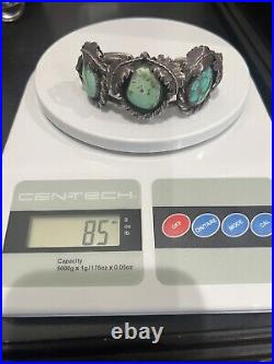 RARE Vintage Estate Navajo Turquoise Sterling Rope & Leaf Cuff Bracelet