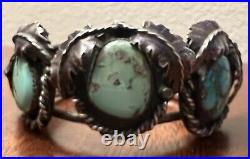 RARE Vintage Estate Navajo Turquoise Sterling Rope & Leaf Cuff Bracelet