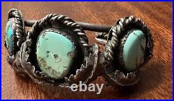 RARE Vintage Estate Navajo Turquoise Sterling Rope & Leaf Cuff Bracelet