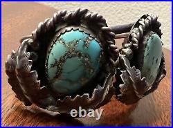 RARE Vintage Estate Navajo Turquoise Sterling Rope & Leaf Cuff Bracelet