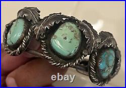 RARE Vintage Estate Navajo Turquoise Sterling Rope & Leaf Cuff Bracelet