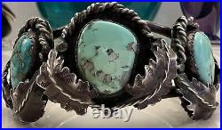 RARE Vintage Estate Navajo Turquoise Sterling Rope & Leaf Cuff Bracelet