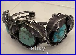 RARE Vintage Estate Navajo Turquoise Sterling Rope & Leaf Cuff Bracelet