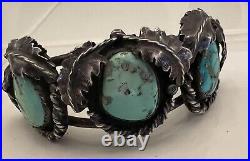 RARE Vintage Estate Navajo Turquoise Sterling Rope & Leaf Cuff Bracelet