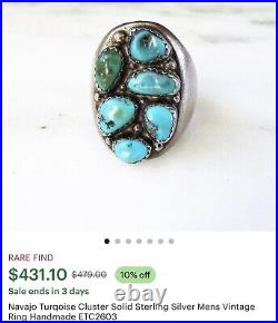 RARE Vintage Handmade Navajo 925 Sterling Silver Heavy Turquoise Cluster Ring