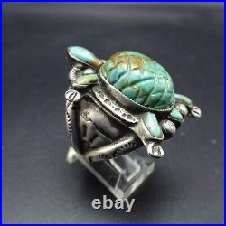 RARE Vintage NAVAJO Hand-Stamped Sterling Silver TURQUOISE TURTLE RING size 10