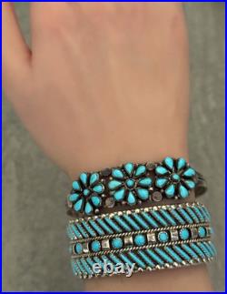 RARE Vintage Native American ZUNI Needlepoint Turquoise 3 ROW Sterling Bracelet