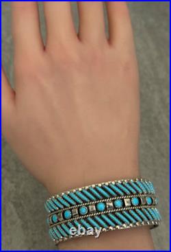 RARE Vintage Native American ZUNI Needlepoint Turquoise 3 ROW Sterling Bracelet