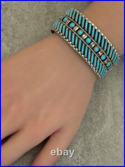 RARE Vintage Native American ZUNI Needlepoint Turquoise 3 ROW Sterling Bracelet