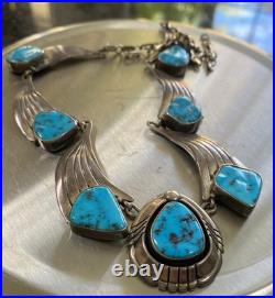 RARE Vintage Navajo Sky Blue Kingman Turquoise Sterling Necklace Signed BGY