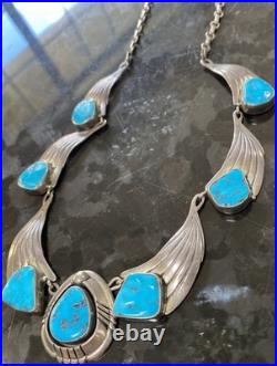 RARE Vintage Navajo Sky Blue Kingman Turquoise Sterling Necklace Signed BGY